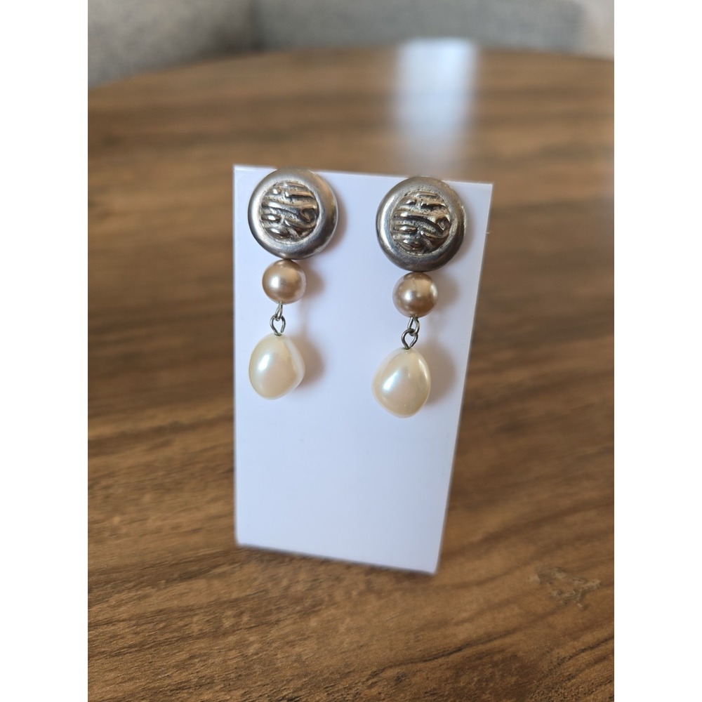 VTG Mei Fa Simulated 2-Tone Pearl Drop Post Earrings Silver-Tone Silver Backs